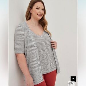 Torrid Pointelle Cardigan V-Neck Short Sleeve Sweater Knit Gray Size 5X